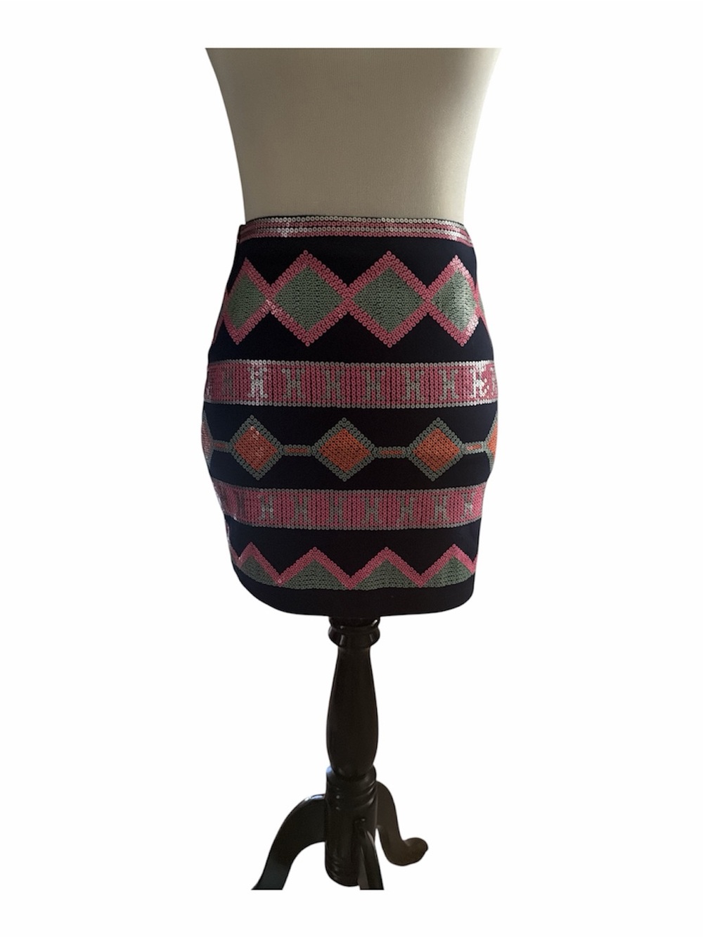 Blue Rain Black Mini Skirt with Pink and Green Sequin Geometric Stripes
